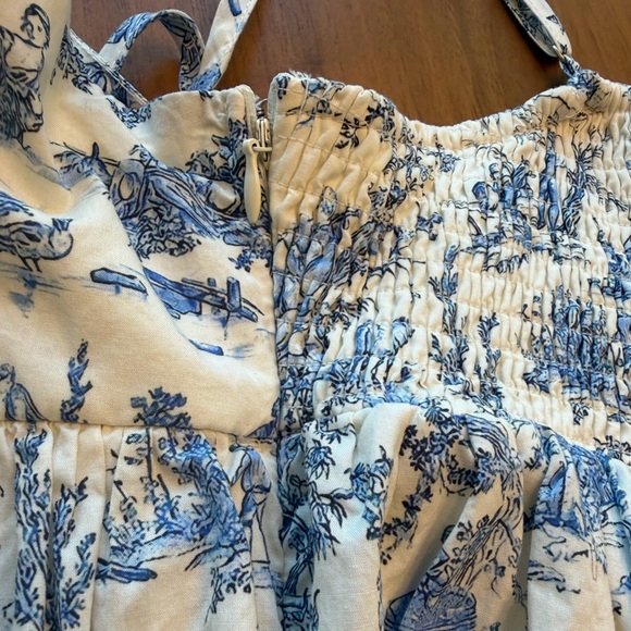 TCEC Blue Toile Sundress Empire Waist Smocked Back Size M Cottagecore - Picture 9 of 13